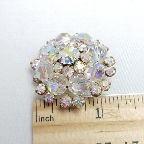 Vintage Sparkly AB Rhinestone and Glass Bead Cluster Brooch, Iridescent Pin - Picture 4 of 6